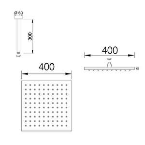 Ankastre Duş Başlığı Borulu Kare Slim Metal 40x40 Cm Tavandan Siyah