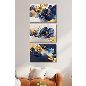 3'lü Set Blue & Gold Kanvas Tablo 40x60 cm