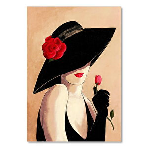 Şapkalı Kırmızı Güllü Kadın Görseli 25x35 cm