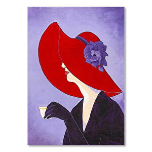 Mor Zeminde Şapkalı Kadın Görseli 25x35 cm