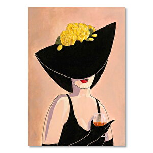 Sarı Çiçekli Şapkalı Kadın Turuncu Kadeh Görsel 50x70 cm