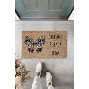 Modern Dijital Baskı Stresini Burada Bırak Kelebek 70x45cm Kapı Önü Paspası