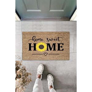 Bej Kapı Önü Paspası Home Sweet Home Papatyalı Desen Ps826