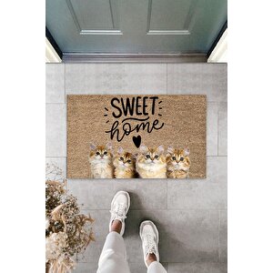 Modern Dijital Baskı Sweet Home Kedi Temalı Kapı Önü Paspası