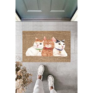 Modern Baskı - Üçlü Kedi - Karşılama Kapı Önü Paspası