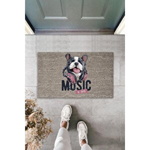 Dijital Baskı Gri Music Yazılı Kulaklıklı Köpek Dekoratif Kapı Paspası Ps1316