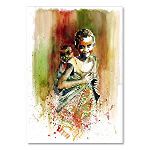 Afrikalı Kız Ve Sırtında Kardeşi Sulu Boya Efekt 25x35 cm