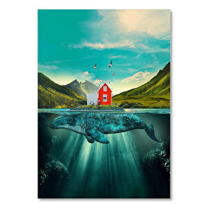 Göldeki Balina Ve Sırtındaki Kulübe İllüstrasyon 50x70 cm