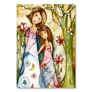 İnce Uzun Elbiseli Anne Kız İllüstrasyon 25x35 cm