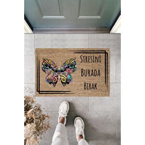 Modern Dijital Baskı - Çerçeveli Stresini Burada Bırak Kelebek 70x45cm Kapı Önü Paspası