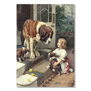 Sen Bernard, Yavru Köpekler Ve Küçük Kız 50x70 cm