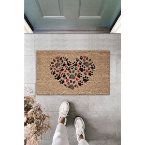 Dijital Baskı Kahverengi Patili Kalp Dekoratif Kapı Paspası Ps1336