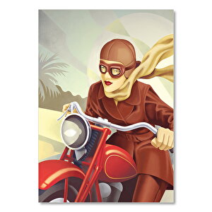 Kırmızı Motorsikletli Kahverengi Kıyafetli Kız 50x70 cm