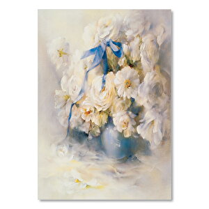 Mavi Vazoda Beyaz Güller Mavi Kurdele 50x70 cm