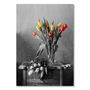 Siyah Beyaz Resimde Sarı Kırmızı Laleler 50x70 cm