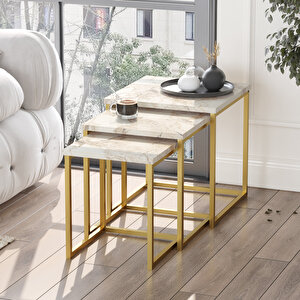 Atlantis 3'lü Gold Metal Zigon Sehpa Mermer Desen