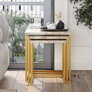 Atlantis 3'lü Gold Metal Zigon Sehpa Mermer Desen