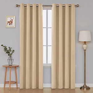 Kadife Dokulu Fon Perde Rustik Için Uygun Kuş Gözlü Dikim Bej 250x250 cm 