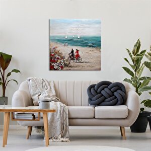 Tablolife Sahilde Bisiklet Süren Çift - Yağlı Boya Dokulu Tablo 120x120 Cm Çerçevesiz 120x120 cm