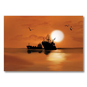 Yük Gemisi Martılar Gün Batımı  Mdf Ahşap Tablo 50x70 cm