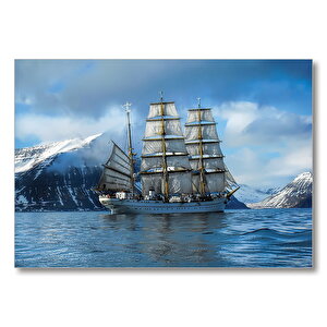 Karlı Dağlar Arasında Süzülen Yelkenli Gemi  Mdf Ahşap Tablo 25x35 cm