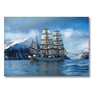 Karlı Dağlar Arasında Süzülen Yelkenli Gemi  Mdf Ahşap Tablo 50x70 cm