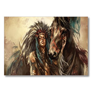 Yağlı Boya At Kızılderili Kadın  Mdf Ahşap Tablo 25x35 cm