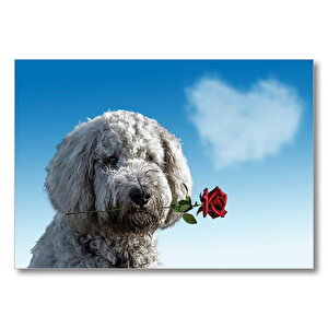Sevimli Köpek Gül Kalp Aşk  Mdf Ahşap Tablo 25x35 cm