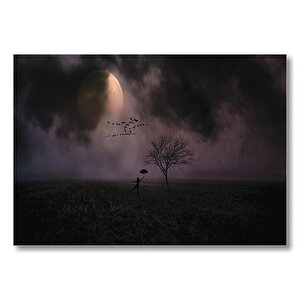 Gecede Yağmur Dans Eden Şemsiyeli Kadın  Mdf Ahşap Tablo 25x35 cm