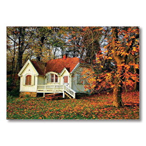 Sonbaharda Beyaz Ev  Mdf Ahşap Tablo 50x70 cm