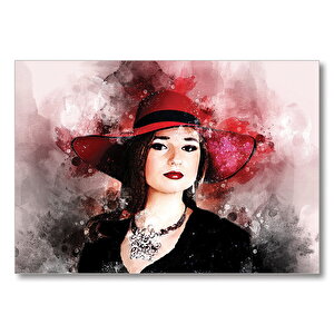 Suluboya Kırmızı Şapkalı Kadın  Mdf Ahşap Tablo 50x70 cm