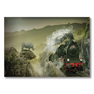 Kömürlü Tren Doğa Gergedan  Mdf Ahşap Tablo 25x35 cm