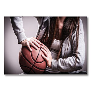 Kadın Elinde Basketbol Topu  Mdf Ahşap Tablo 35x50 cm