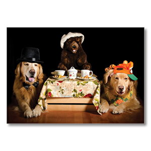 Şapkalı Köpek Ayı Masada  Mdf Ahşap Tablo 50x70 cm