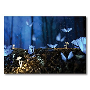 Kelebek Mavi Mantar Fantezi  Mdf Ahşap Tablo 50x70 cm