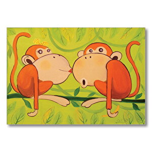 Maymunlar Aşk Öpücüğü  Mdf Ahşap Tablo 25x35 cm