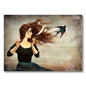 Kadın Kuş Saç Bandajı Sürreyalist  Mdf Ahşap Tablo 50x70 cm