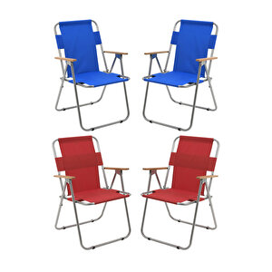 4'lü Ağaç Kollu Katlanır Piknik Kamp Plaj Bahçe Balıkçı Sandalyesi-Kırmızı-Mavi