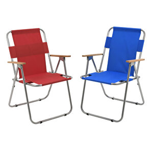 Exent 4'lü Ağaç Kollu Katlanır Piknik Kamp Plaj Bahçe Balıkçı Sandalyesi-Kırmızı-Mavi