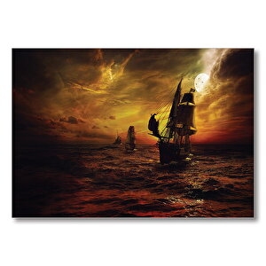 Gecede Yelkenli Korsan Gemileri  Mdf Ahşap Tablo 35x50 cm