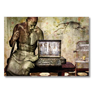 Bilgisayar Heykel Geçmiş Gelecek  Mdf Ahşap Tablo 25x35 cm