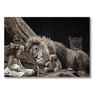 Fantazi Küçük Kız Aslan Aile  Mdf Ahşap Tablo 50x70 cm
