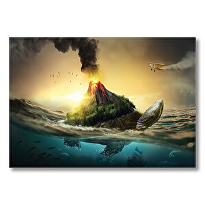 Kaplumbağa Sırtında Yanar Dağ Fantazi  Mdf Ahşap Tablo 35x50 cm
