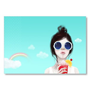 Kokteyl İçen Cool Kız Ve Gökkuşağı Mdf Ahşap Tablo 50x70 cm