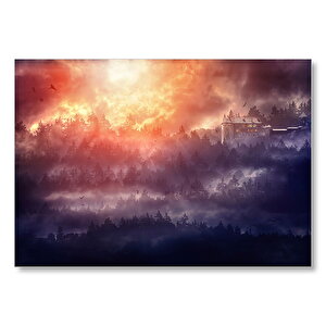 Kızıl Gökler Sisli Orman Ve Kale Mdf Ahşap Tablo 50x70 cm