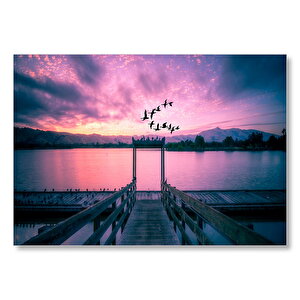 Kızıl Günbatımı Göl Ve Turnalar Mdf Ahşap Tablo 50x70 cm