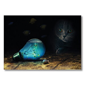 Ampul Balıklar Kedi Mavi Salyangoz  Mdf Ahşap Tablo 25x35 cm