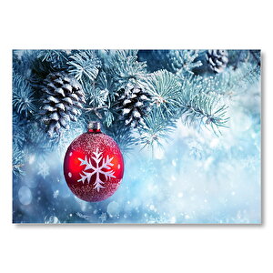 Karlı Kozalaklar Ve Kırmızı Yılbaşı Süsü Mdf Ahşap Tablo 35x50 cm