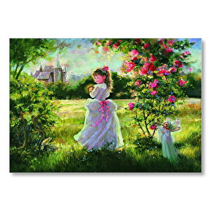 Küçük Kız, Peri Ve Şato Yağlı Boya Mdf Ahşap Tablo 25x35 cm