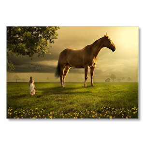 Kız Dev At Ve Çayırlar Fantastik İllüstrasyon Mdf Ahşap Tablo 50x70 cm